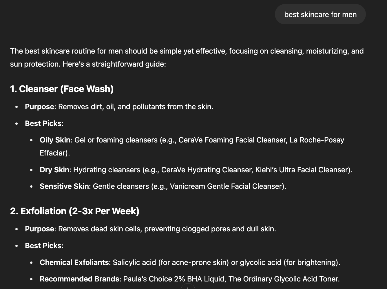 ChatGPT conversation screenshot showing the skincare advice with highlighted phrases